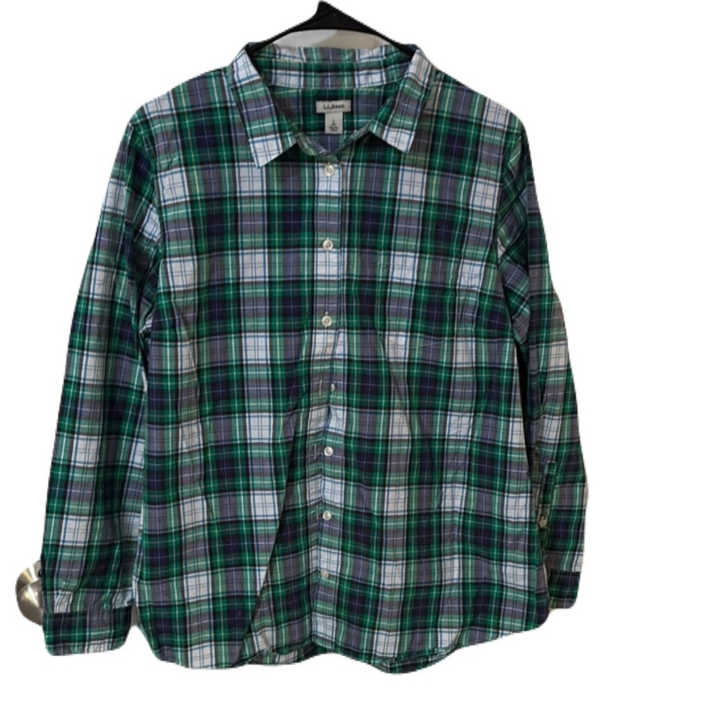 L.L. Bean Plaid Green White Casual Button Down Shirt Sz L cotton